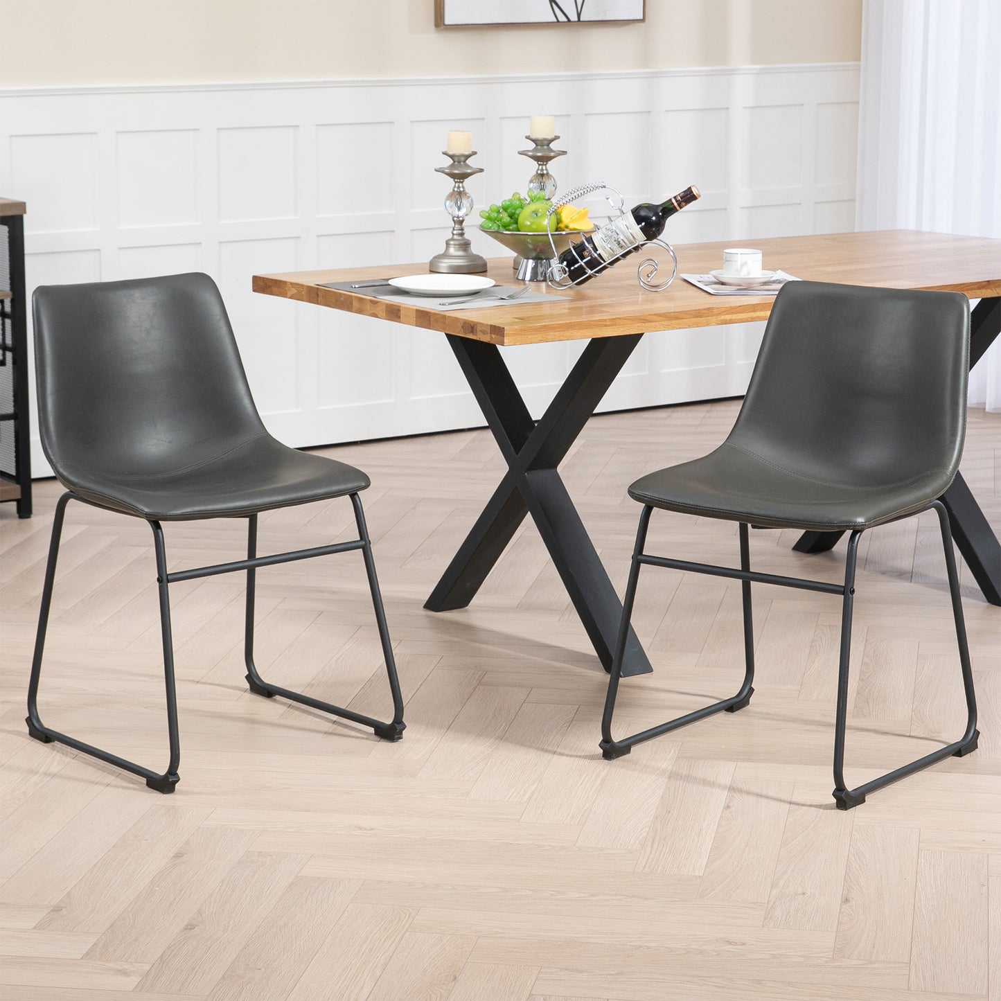 Set of 2 Adan Iron Frame Vintage Gray Faux Leather Dining Chair