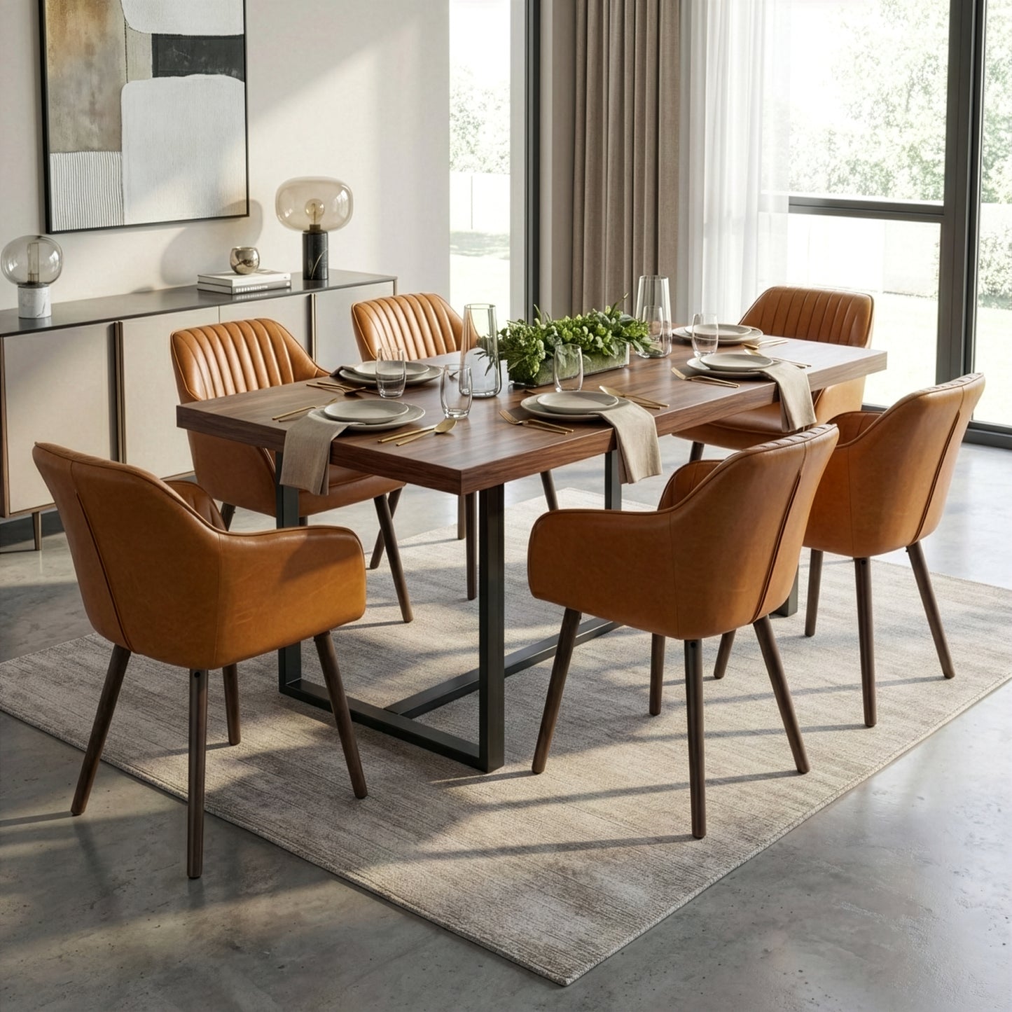 Set of 2 Alaura Arm Chair in Caramel Brown Faux Leather with Beech Legs