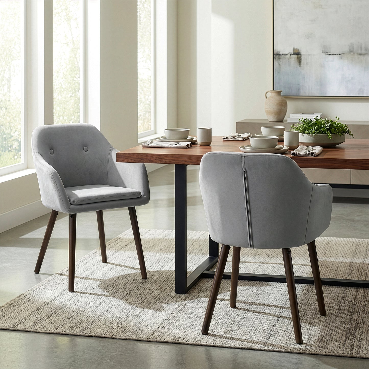 Set of 2 Alba Grey Velvet Arm Chair with Decorative Buttons Beech Legs