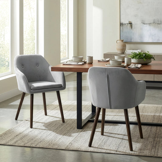 Set of 2 Alba Grey Velvet Arm Chair with Decorative Buttons Beech Legs