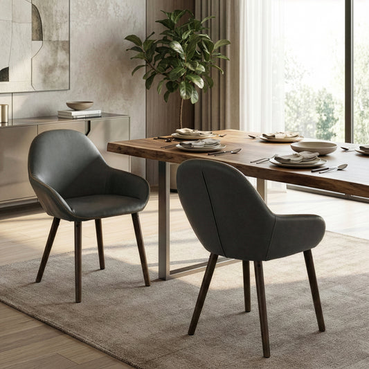 Set of 2 Alan Arm Chair in Vintage Grey Color Faux Leather with Contrasting Stitching