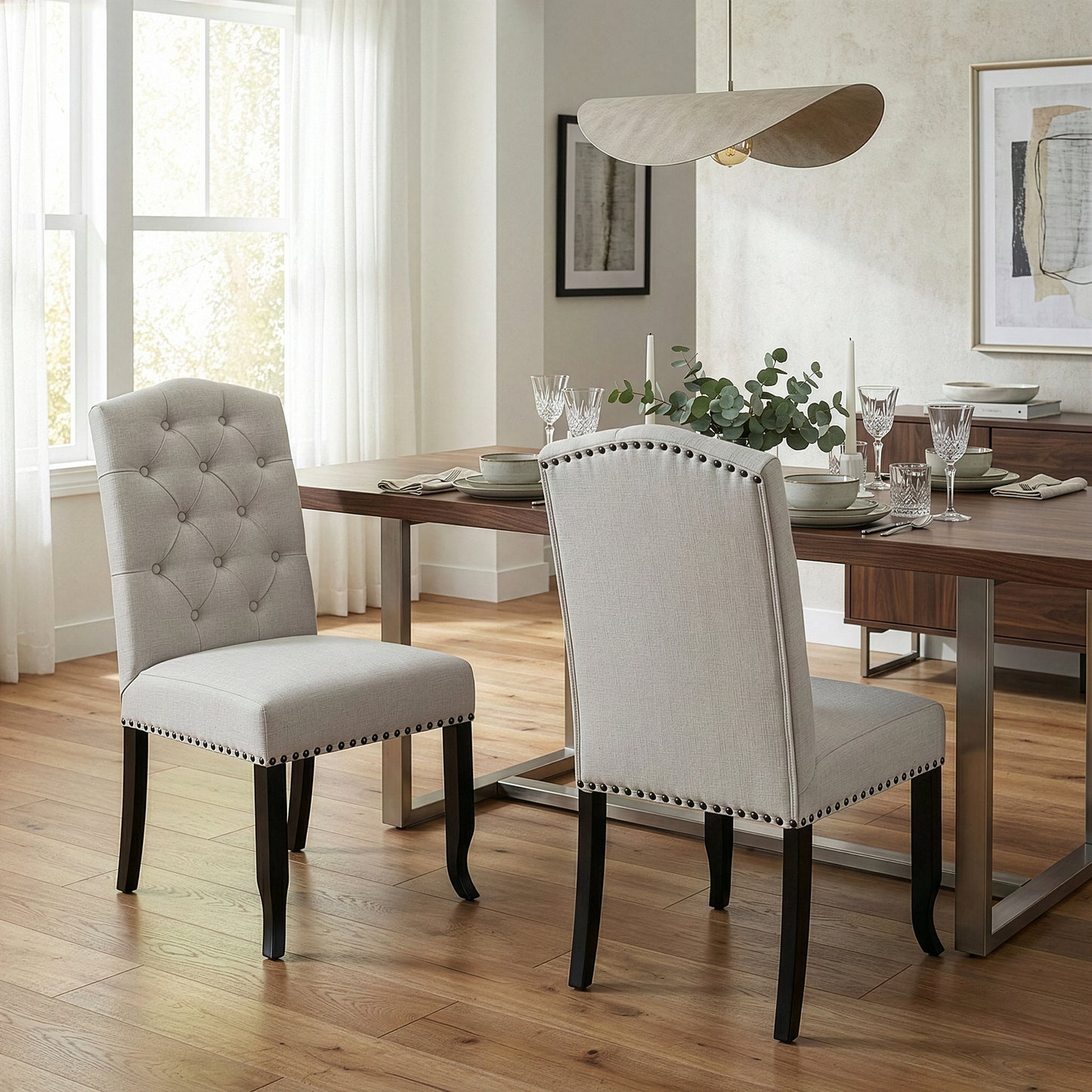 Set of 2 Aleeya Beige Fabric Dining Chair with Tufted Buttons and Nail Head Accent