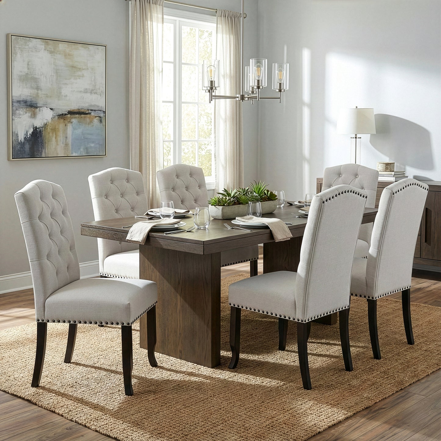 Set of 2 Aleeya Beige Fabric Dining Chair with Tufted Buttons and Nail Head Accent