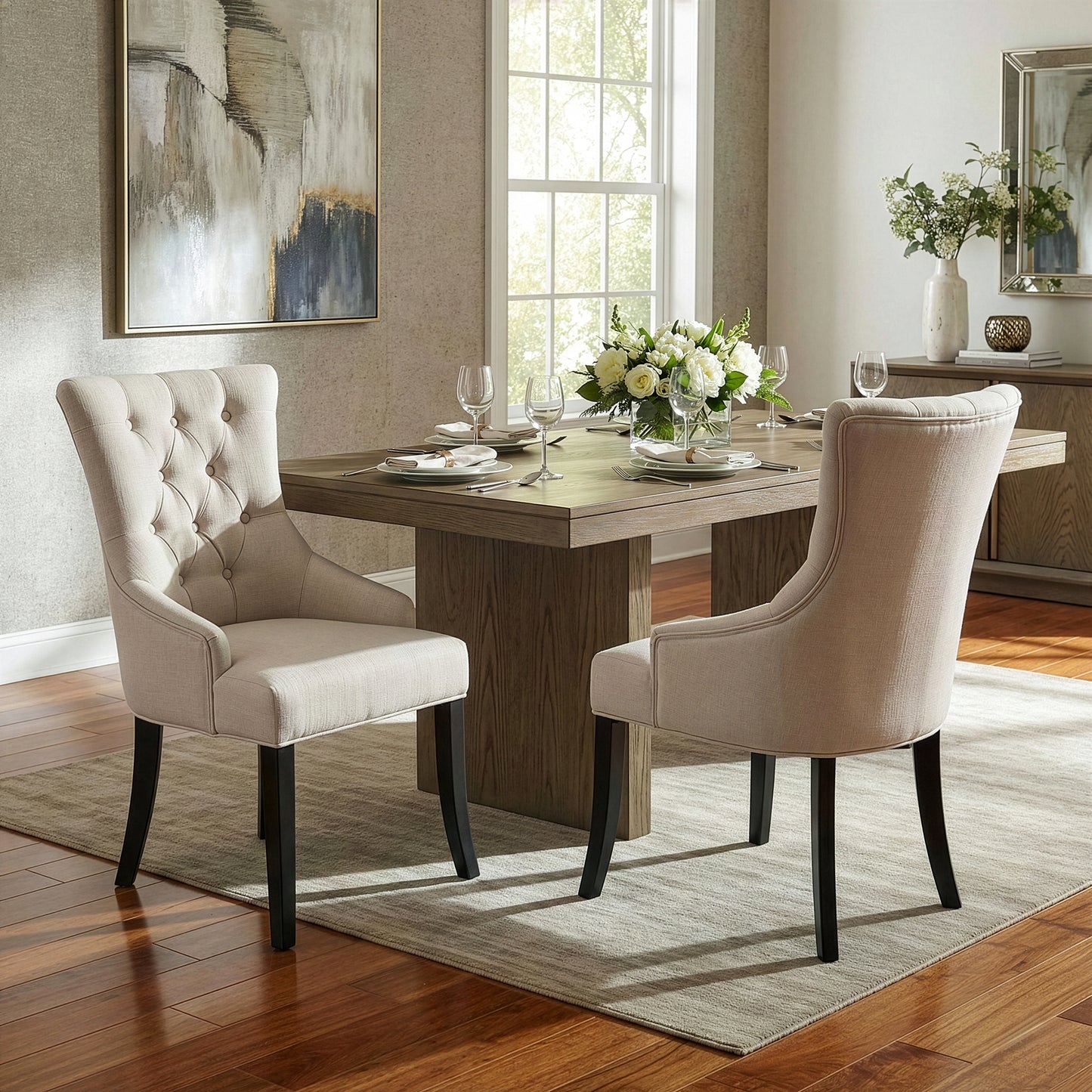 Set of 2 Alei Beige Fabric Dining Chair Wing Chair with Tufted Buttons