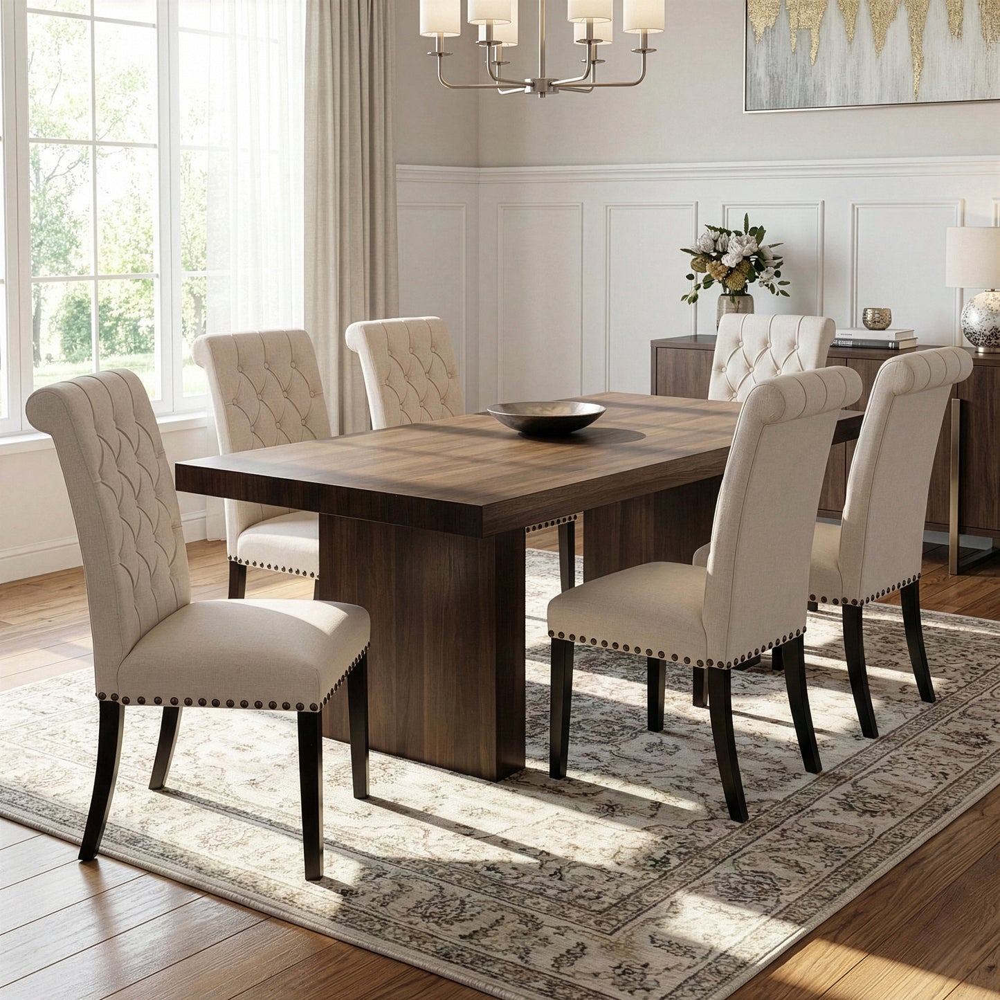 Set of 2 Aleki Beige Fabric Dining Chair Roll Back with Tufted Buttons and Nail Heads