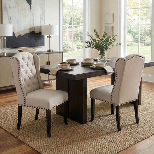 Set of 2 Alen Beige Fabric Dining Chair Wing Chair with Tufted Buttons and Nail Heads
