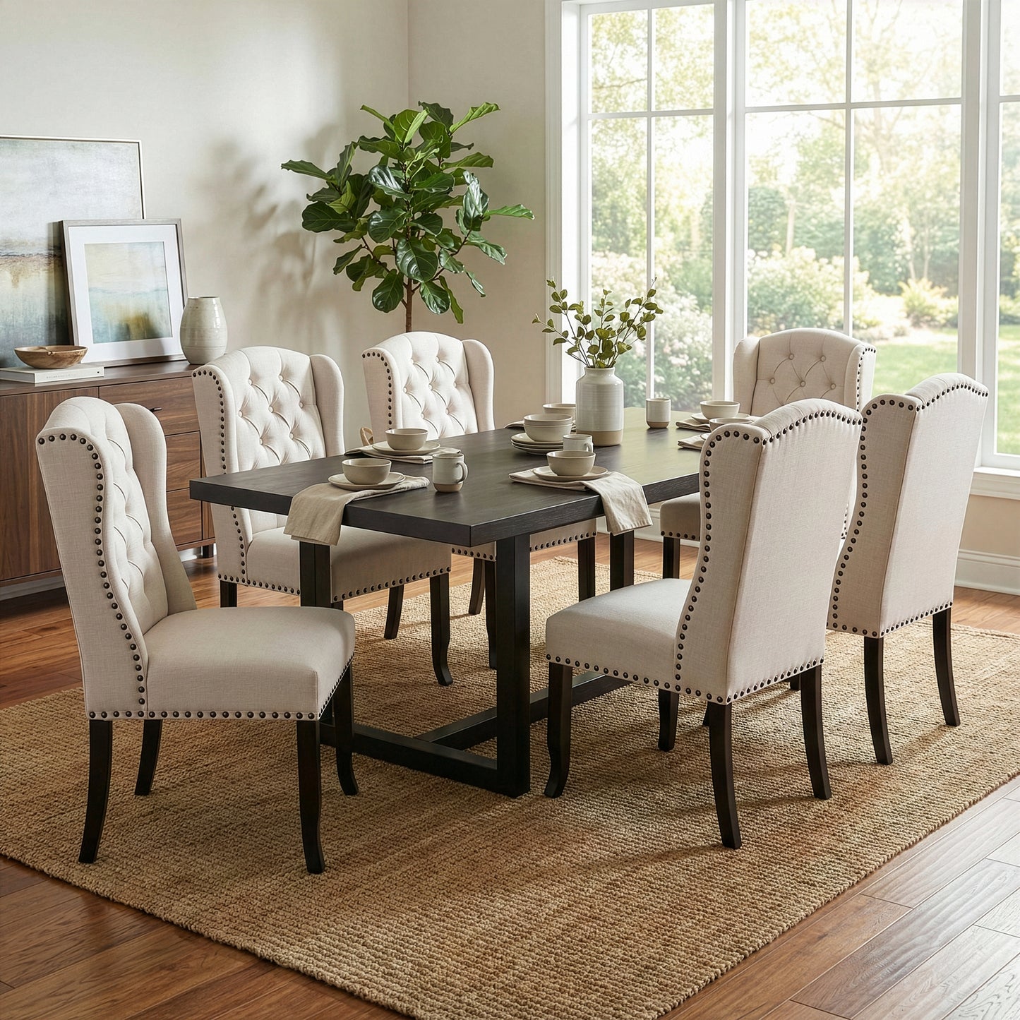 Set of 2 Alen Beige Fabric Dining Chair Wing Chair with Tufted Buttons and Nail Heads
