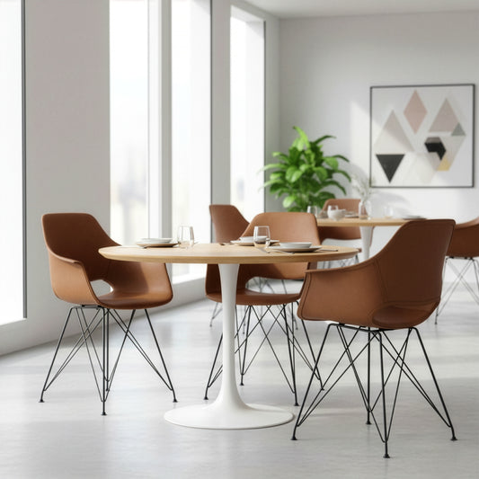 Set of 2 Alora Retro Modern Caramel Brown Arm Chair with Black Steel Legs