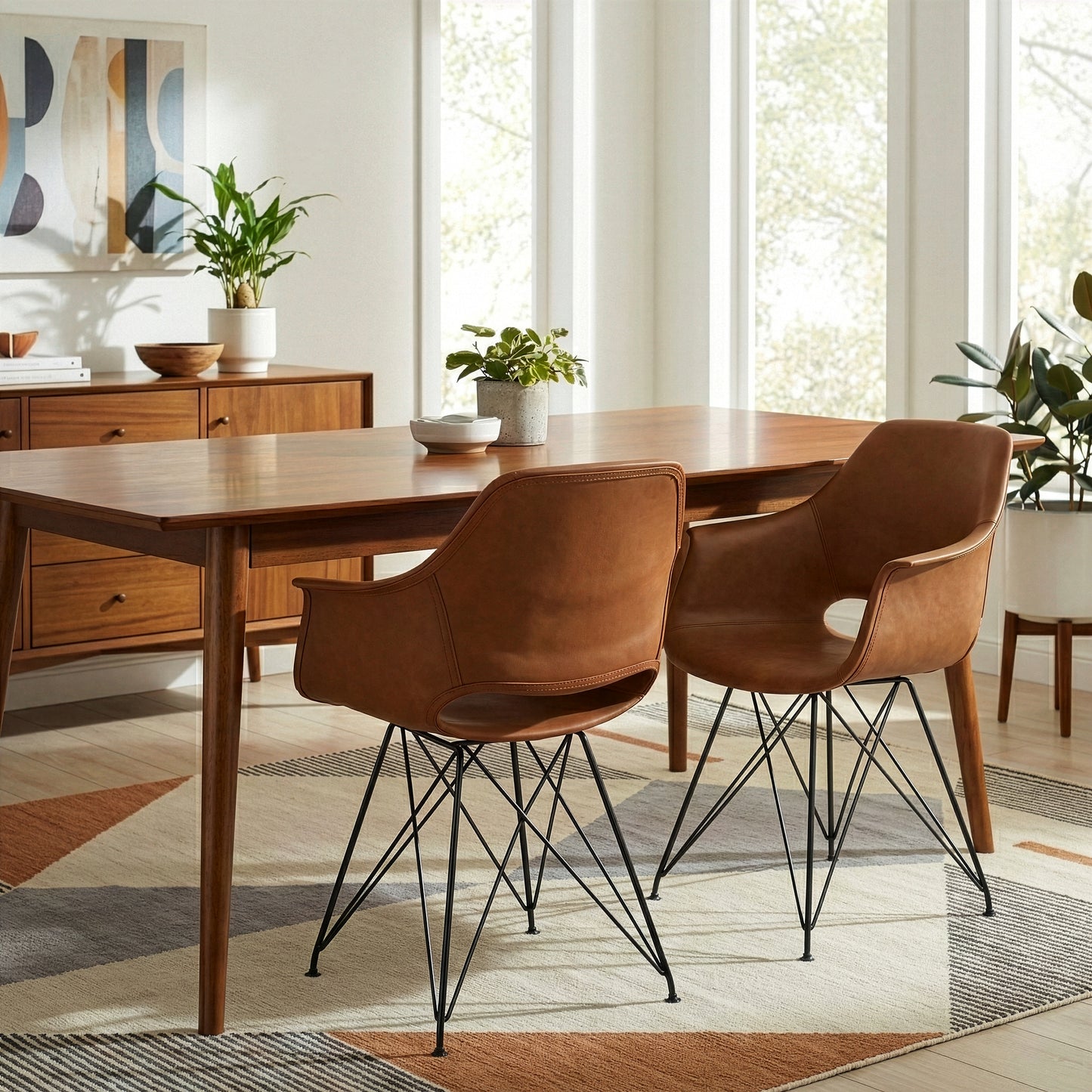 Set of 2 Alora Retro Modern Caramel Brown Arm Chair with Black Steel Legs