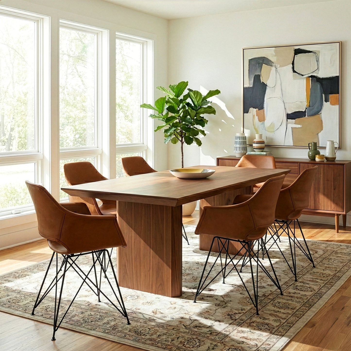 Set of 2 Alora Retro Modern Caramel Brown Arm Chair with Black Steel Legs