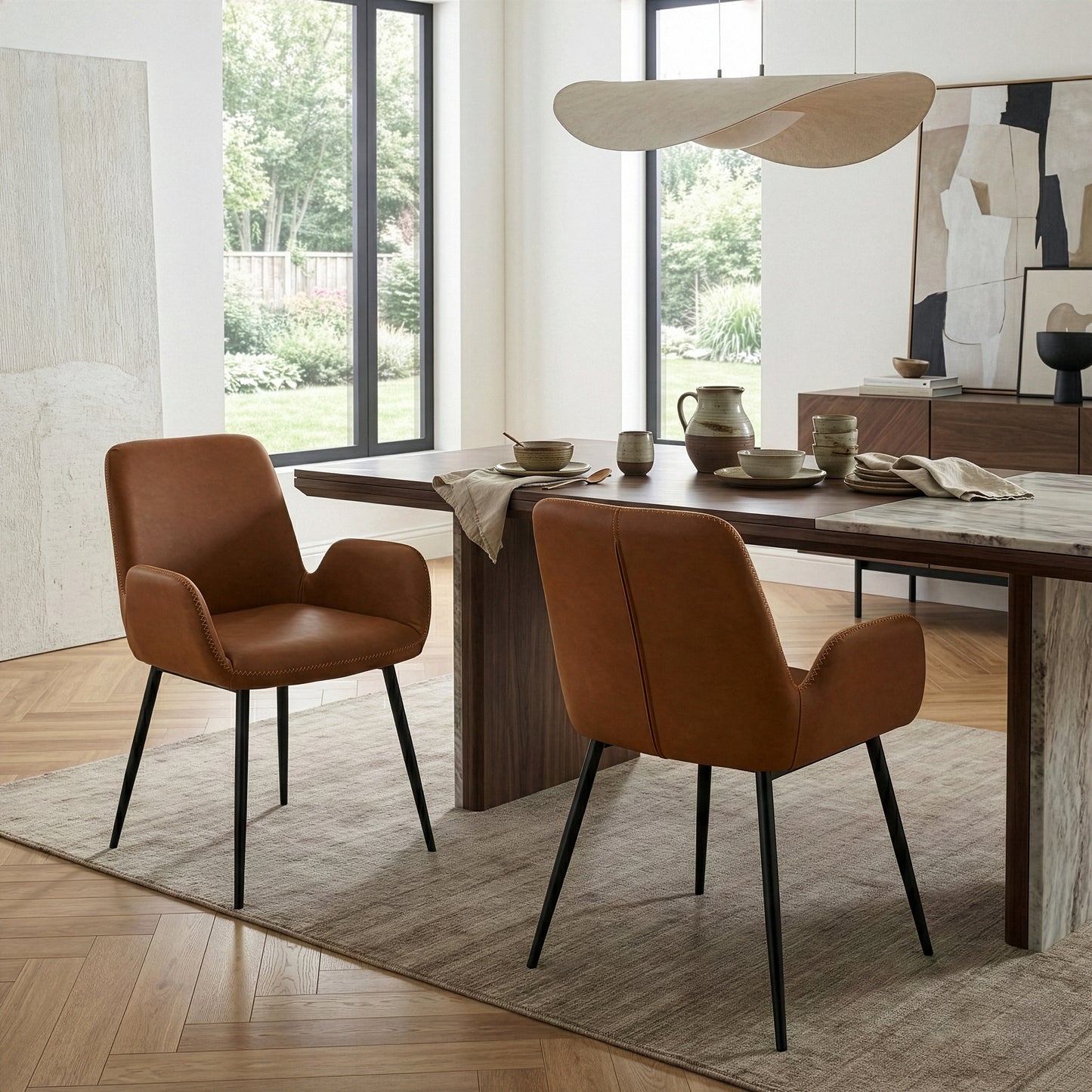 Set of 2 Alrik Caramel Brown Arm Chair with Zigzag Stitching and Black Steel Legs