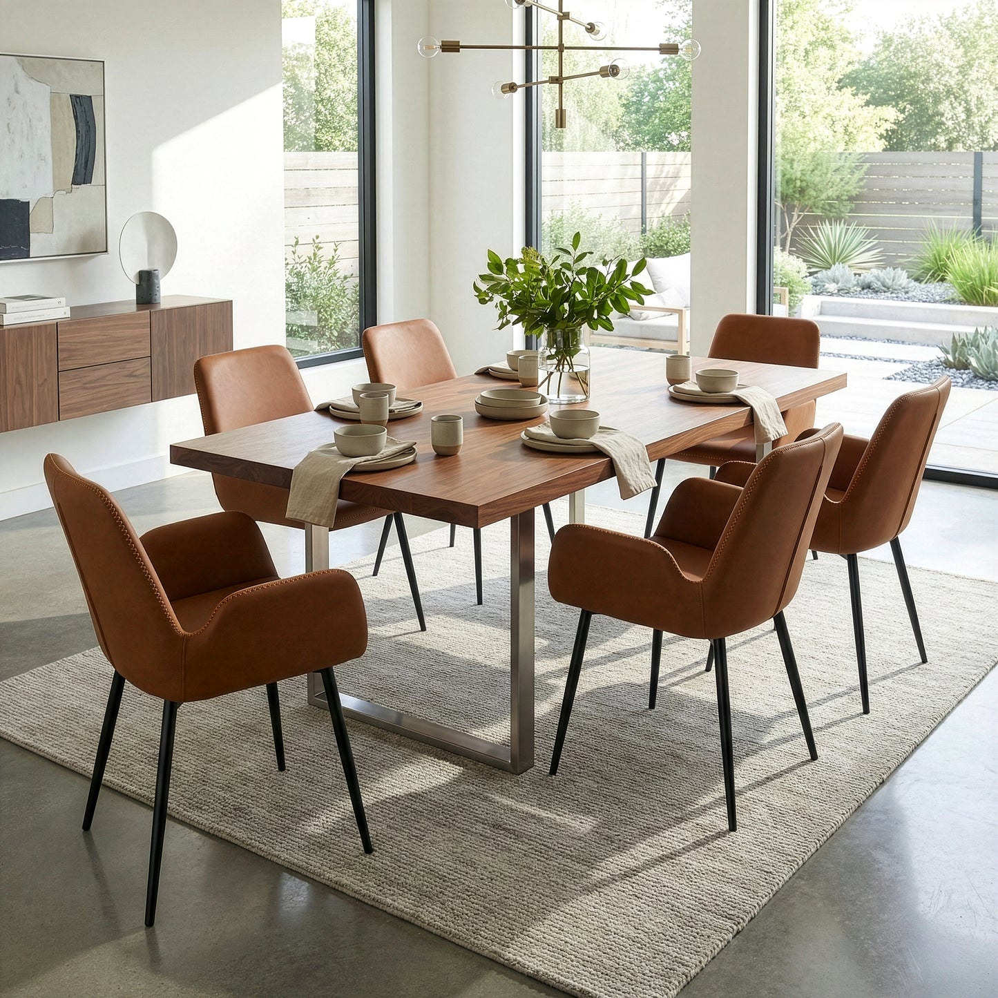 Set of 2 Alrik Caramel Brown Arm Chair with Zigzag Stitching and Black Steel Legs