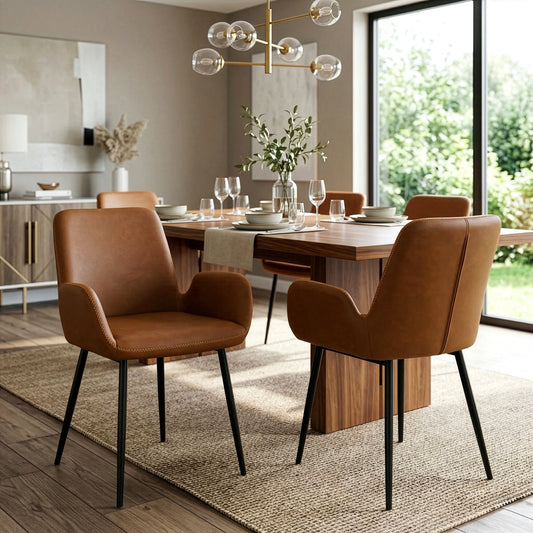 Set of 2 Alrik Caramel Brown Arm Chair with Zigzag Stitching and Black Steel Legs