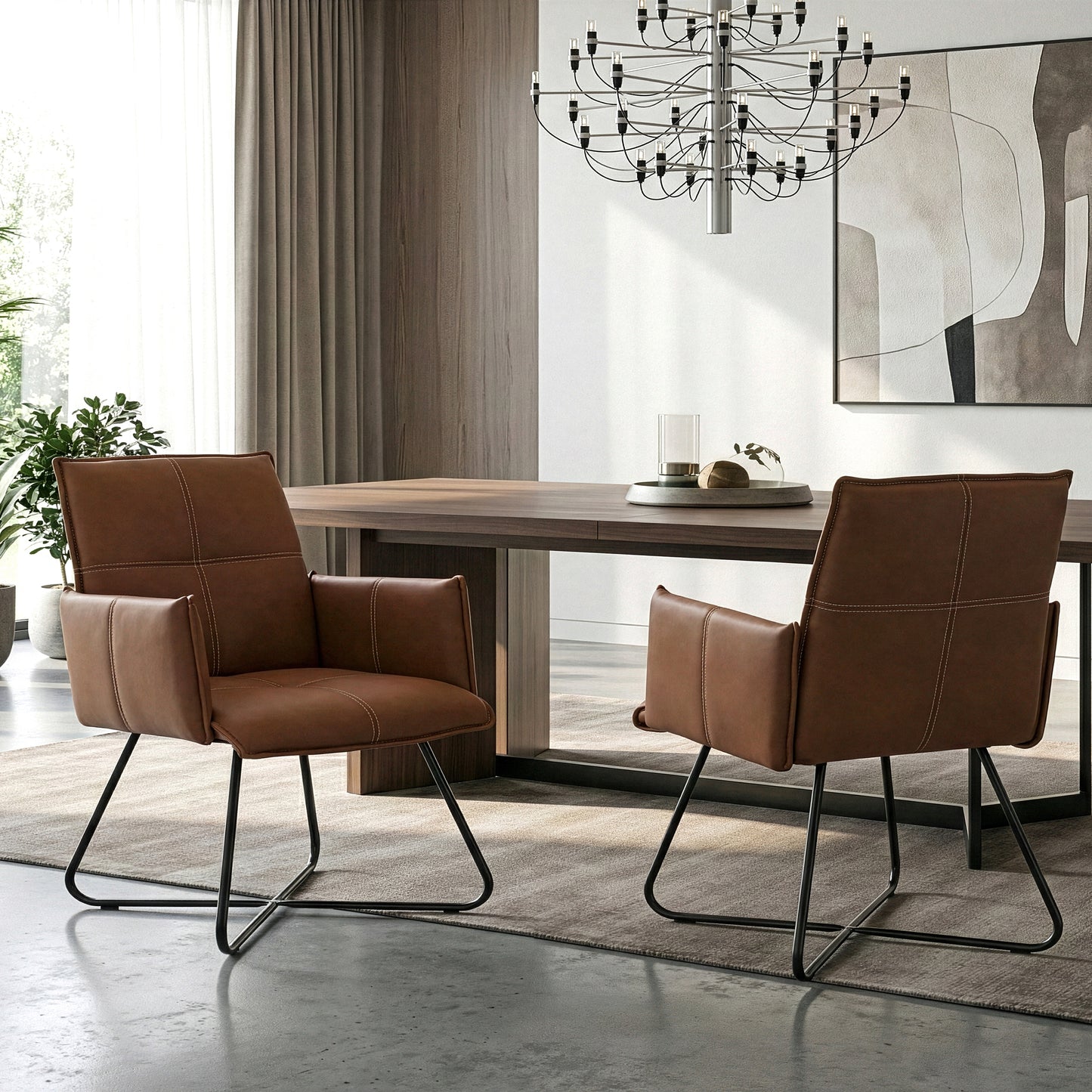 Set of 2 Ambel Brown Modern Dining Chair with Black Metal Legs