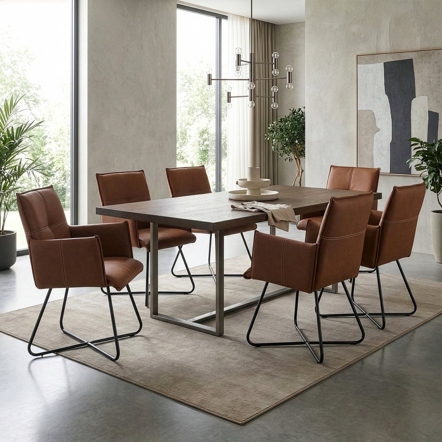 Set of 2 Ambel Brown Modern Dining Chair with Black Metal Legs