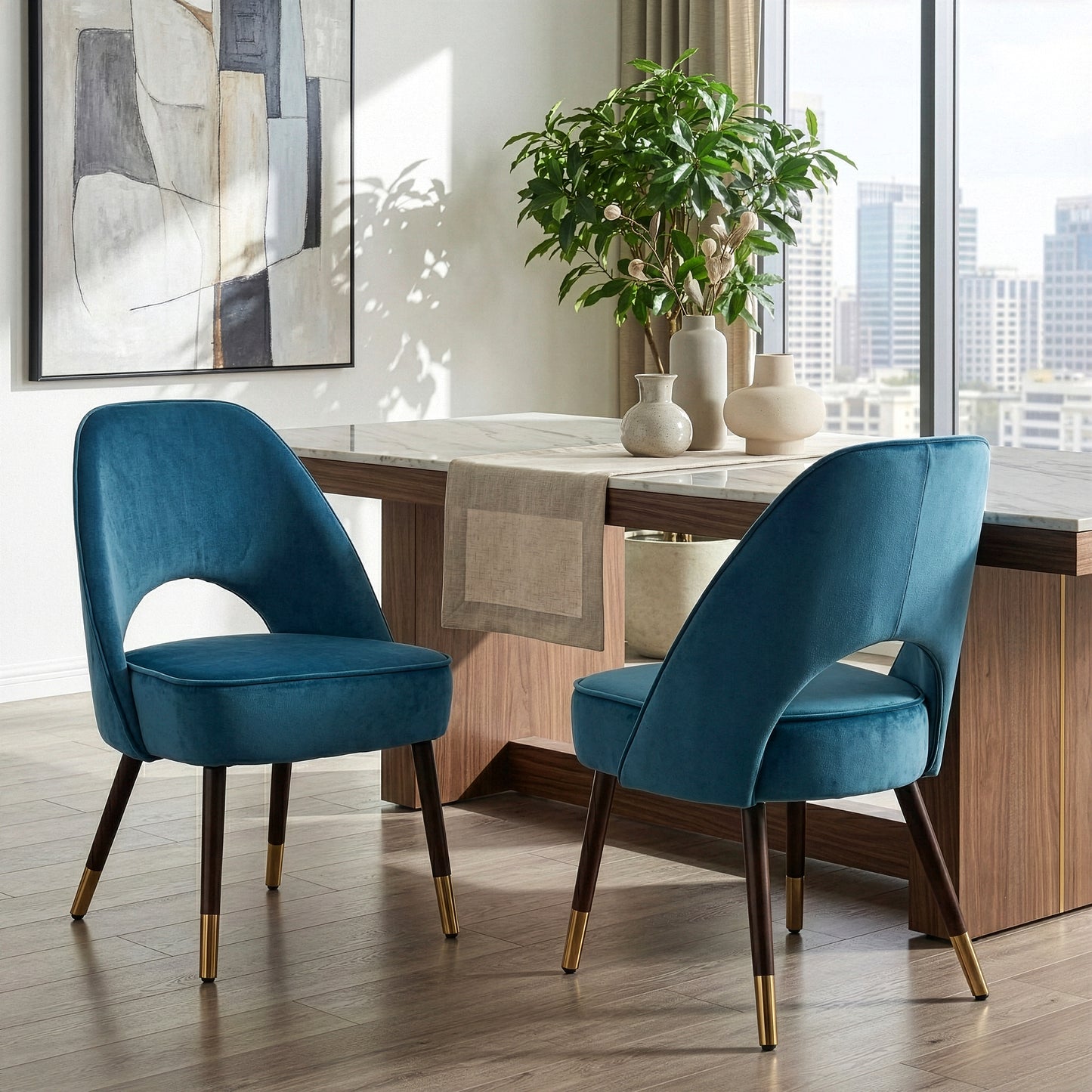 Set of 2 Amber Blue Velvet Modern Dining Chair with Beech Wood Legs