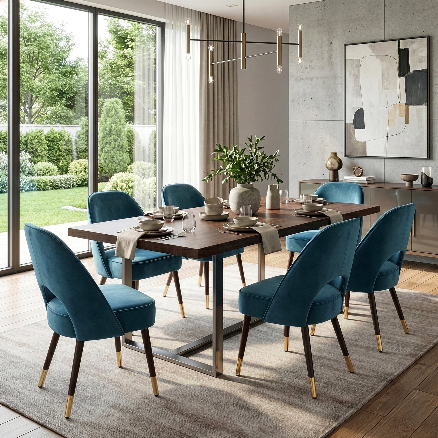 Set of 2 Amber Blue Velvet Modern Dining Chair with Beech Wood Legs