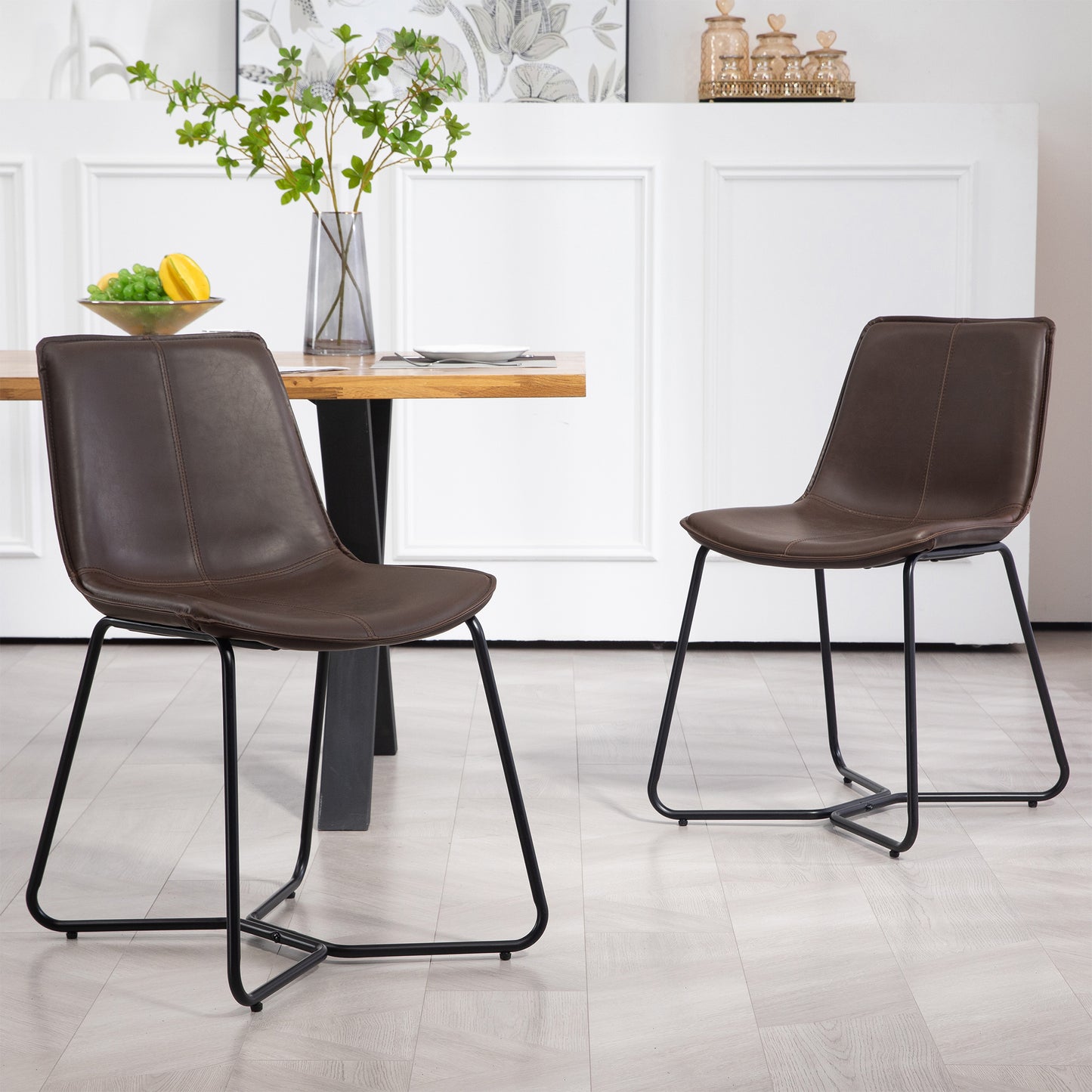 Set of 2 Amery Iron Frame Vintage Brown Faux Leather Dining Chair