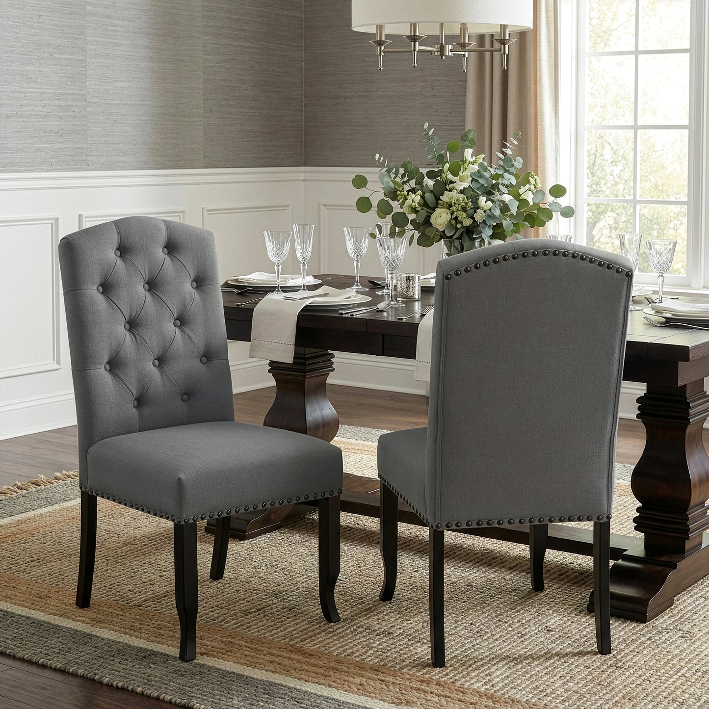 Set of 2 Aleeya Grey Fabric Dining Chair with Tufted Buttons and Nail Head Accent