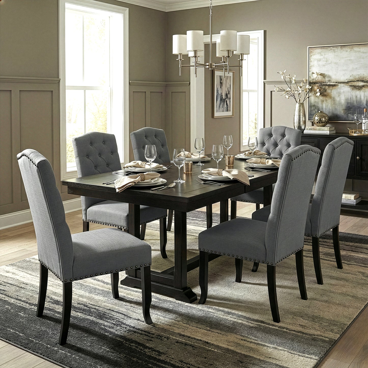 Set of 2 Aleeya Grey Fabric Dining Chair with Tufted Buttons and Nail Head Accent