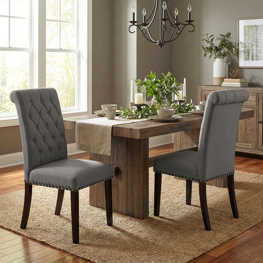 Set of 2 Aleki Grey Fabric Dining Chair Roll Back with Tufted Buttons and Nail Heads