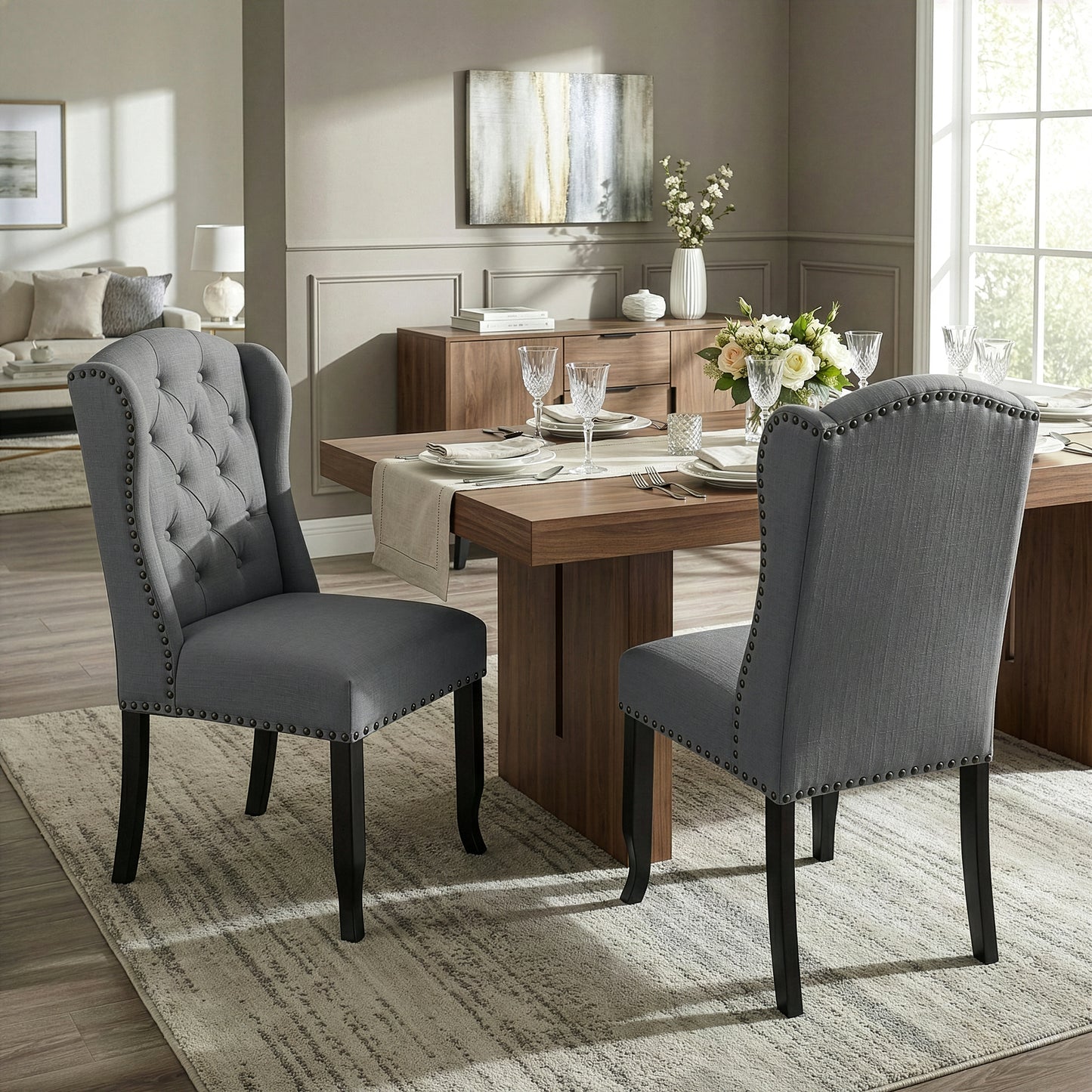 Set of 2 Alen Grey Fabric Dining Chair Wing Chair with Tufted Buttons and Nail Heads