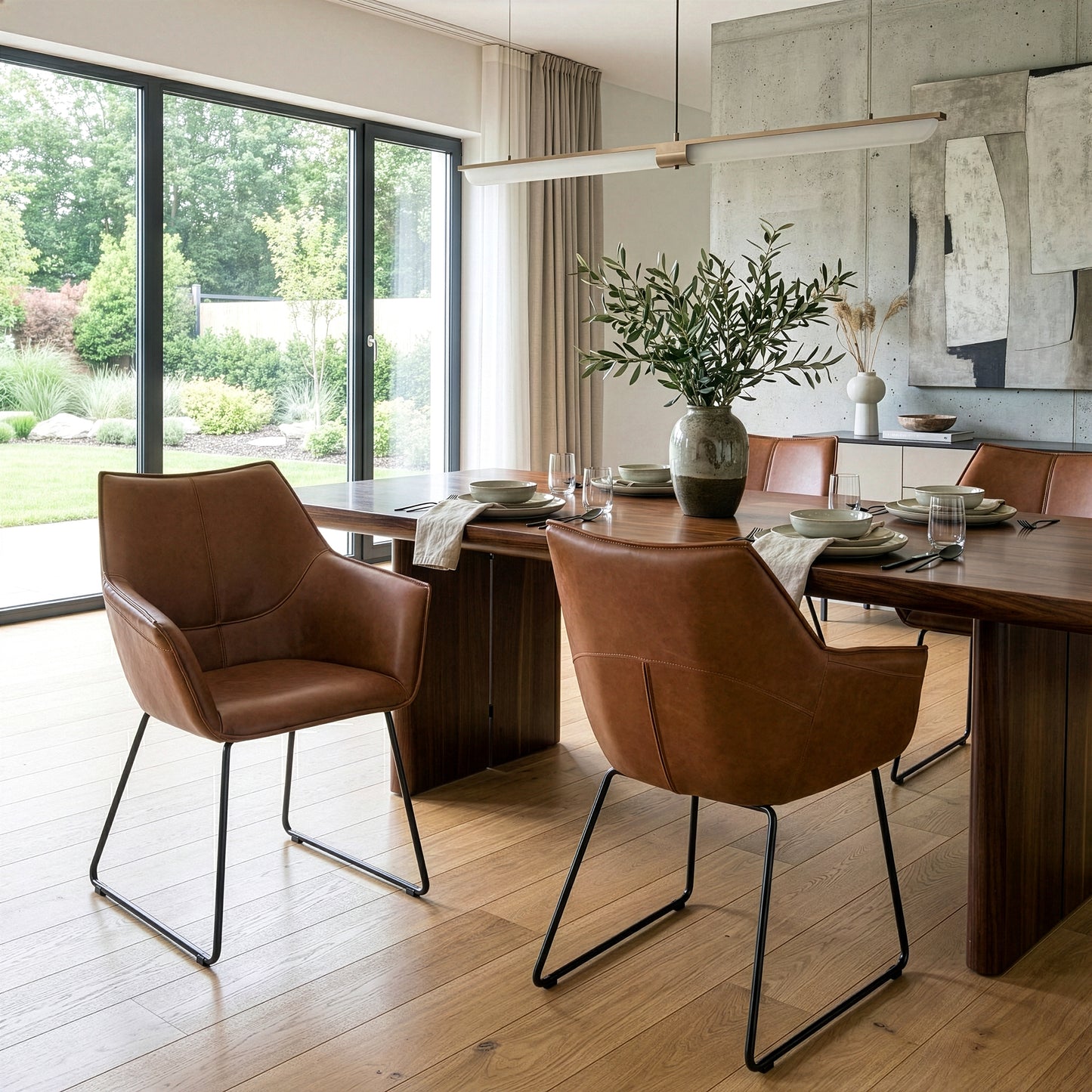 Set of 2 Amna Brown Arm Chair with Black Metal Legs