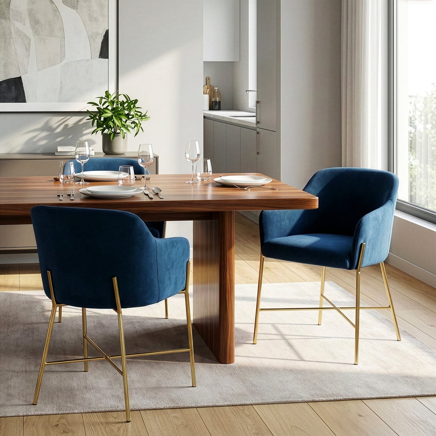 Ana Blue Velvet Arm Dining Chair with Golden Metal Legs
