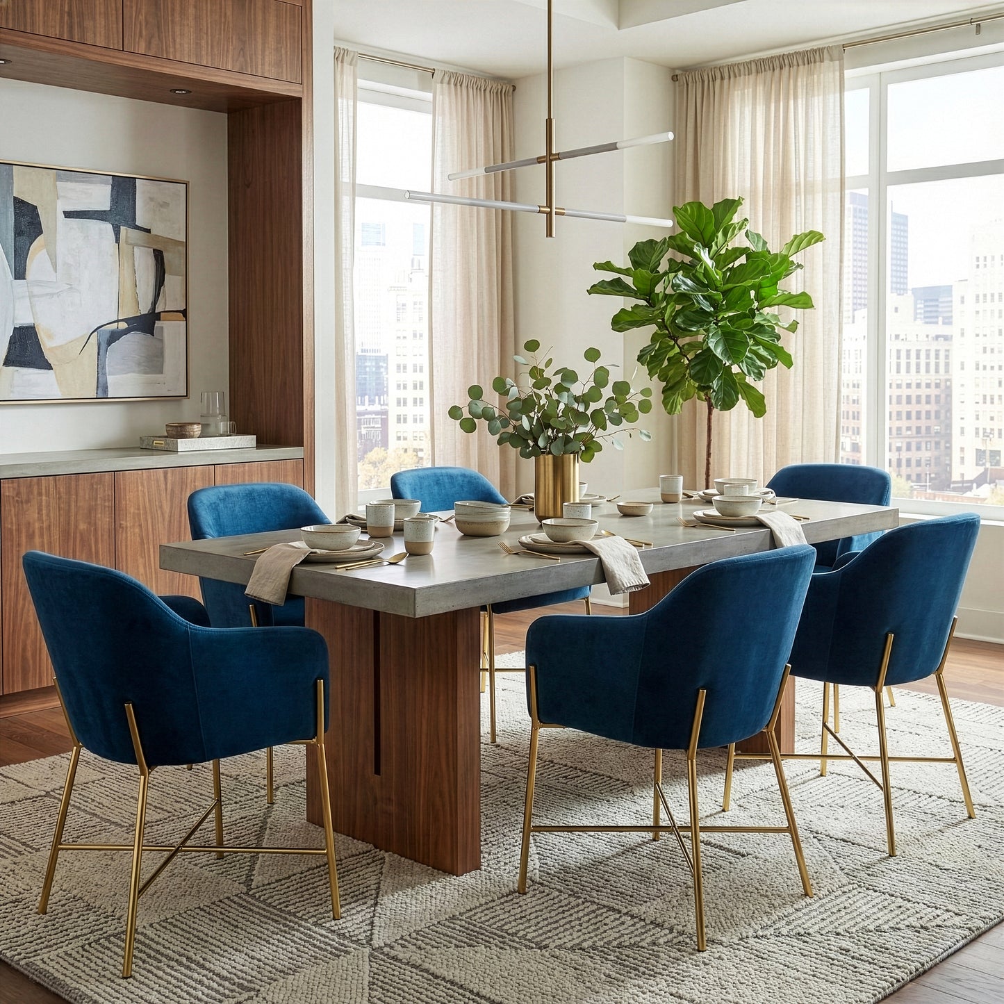 Ana Blue Velvet Arm Dining Chair with Golden Metal Legs