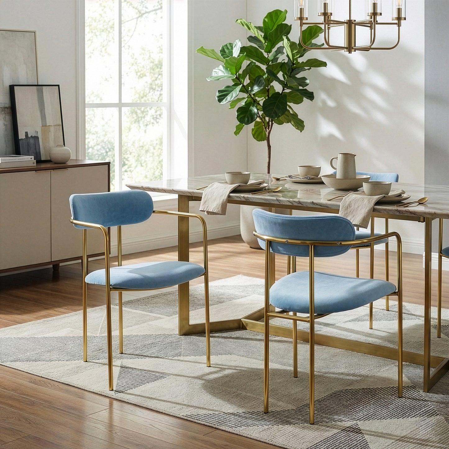Set of 2 Anaya Light Blue Velvet Dining Chair with Golden Metal Legs