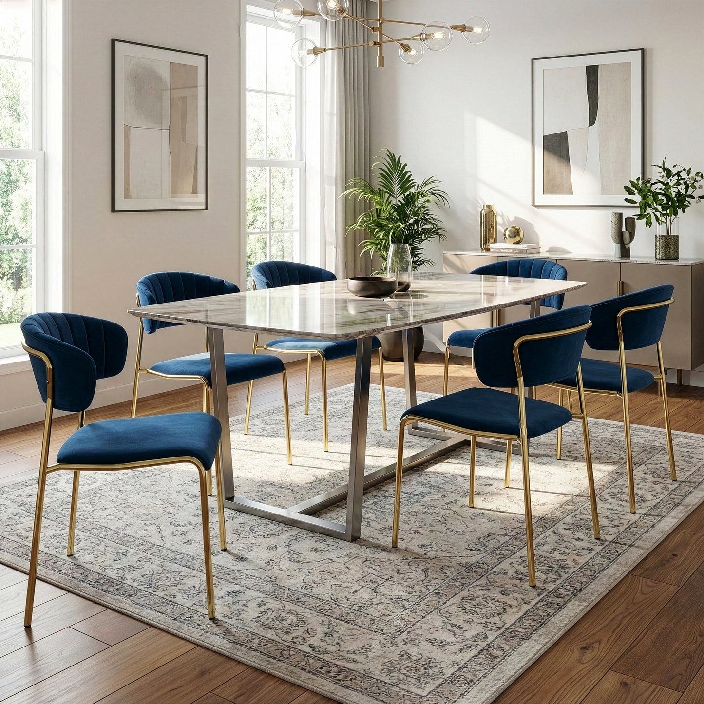 Set of 2 Andre Blue Velvet Dining Chair with Golden Metal Legs and Decorative Stitching