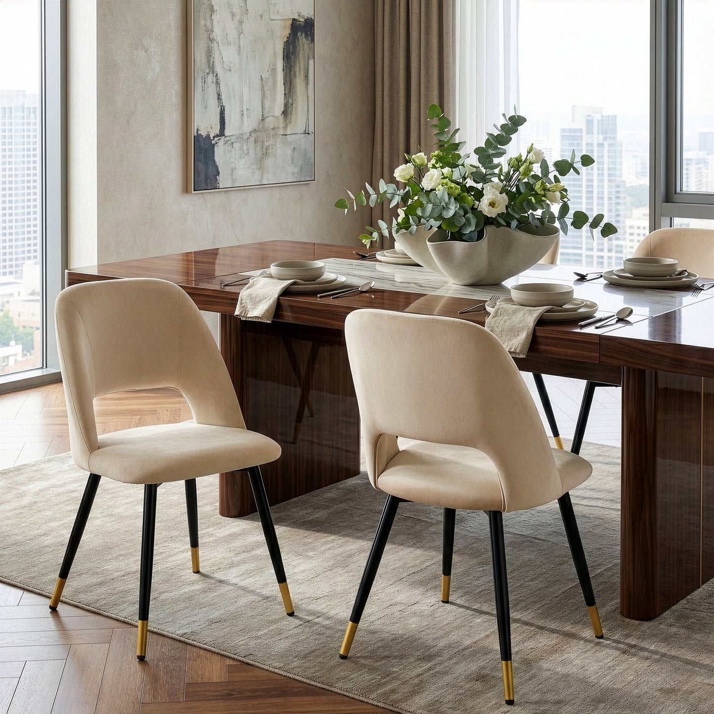 Set of 2 Ania Beige Velvet Dining Chair with Golden Accented Metal Legs