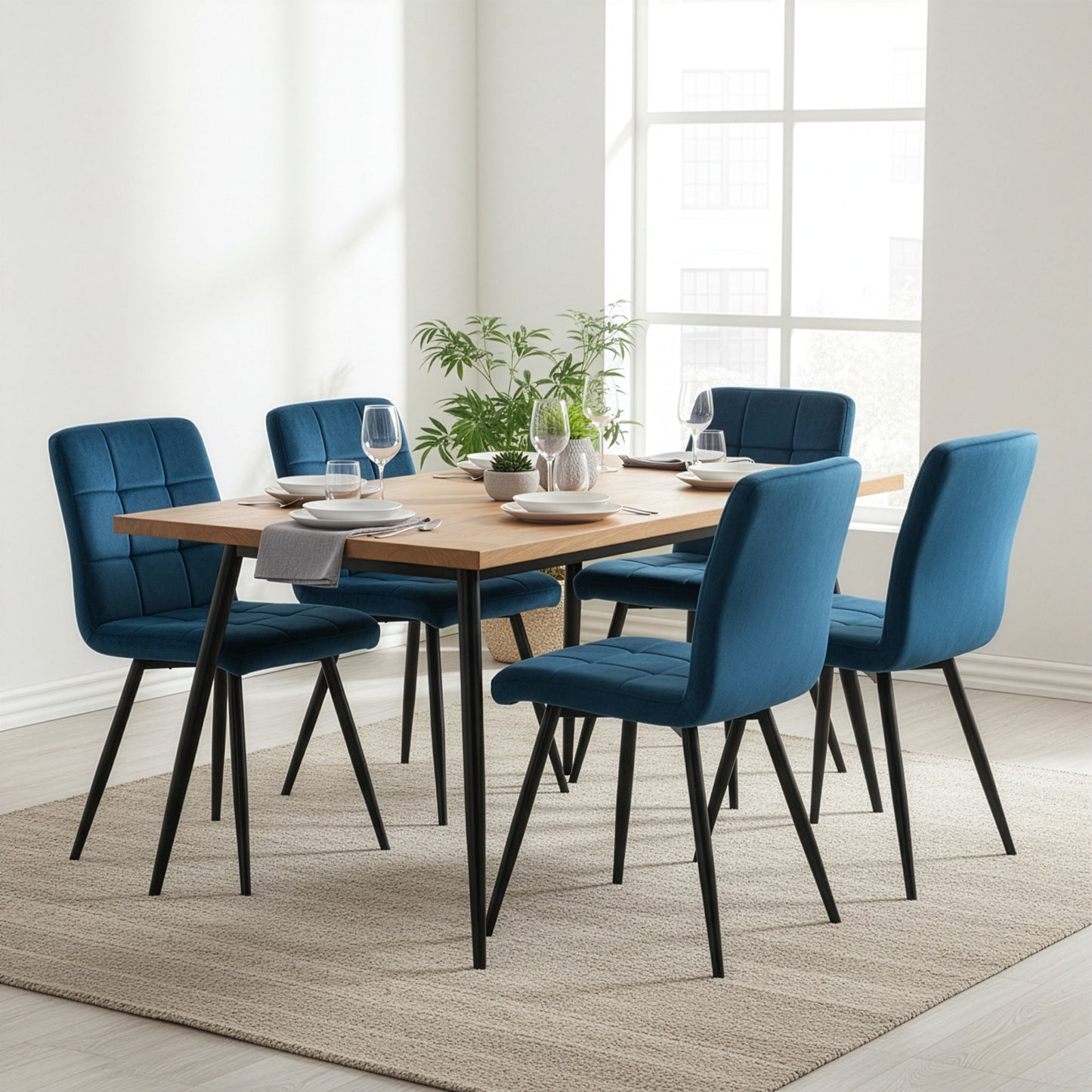 Set of 2 Anika Blue Velvet Dining Chair with Stitching and Black Metal Legs