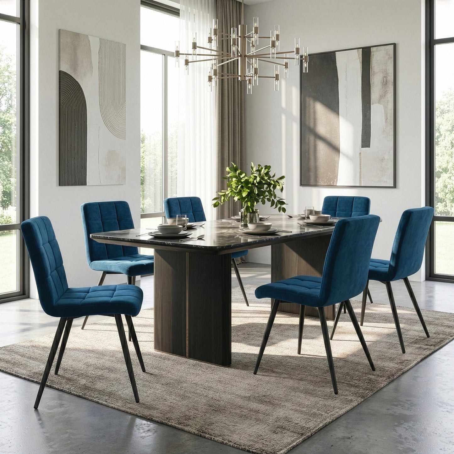 Set of 2 Anika Blue Velvet Dining Chair with Stitching and Black Metal Legs