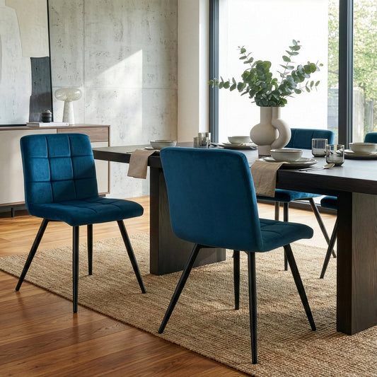 Set of 2 Anika Blue Velvet Dining Chair with Stitching and Black Metal Legs