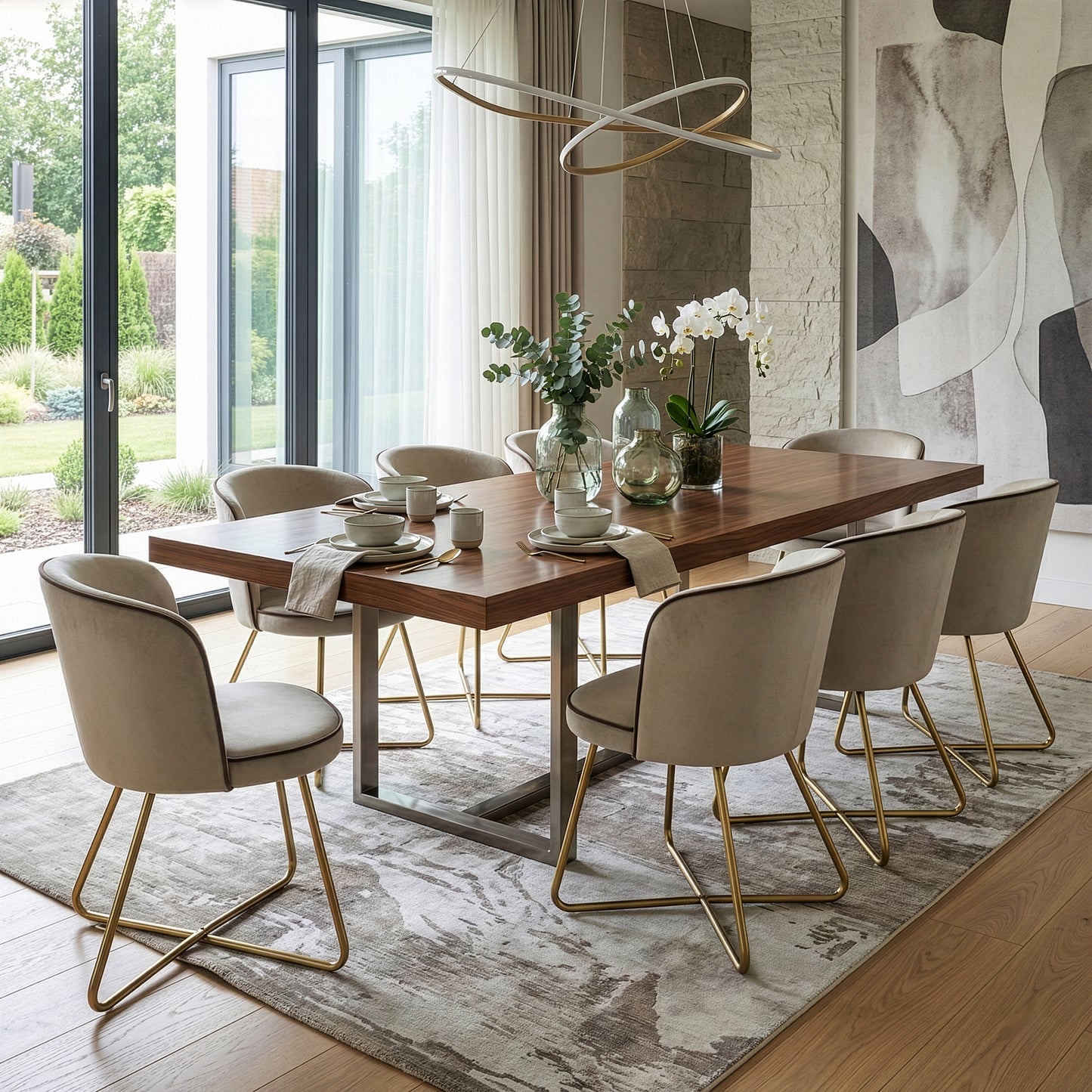 Set of 2 Anila Beige Velvet Dining Chair with Contrasting Piping and Golden Metal Legs