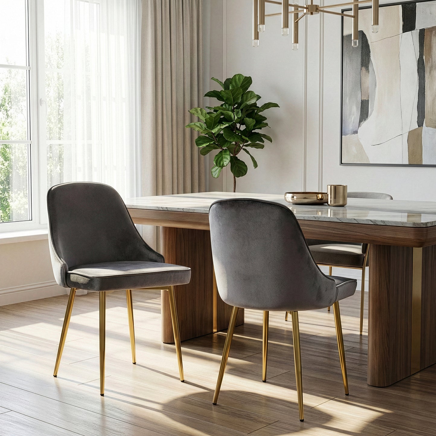 Set of 2 Alpha Sandy Brown Velvet Chair with Brushed Golden Steel Legs