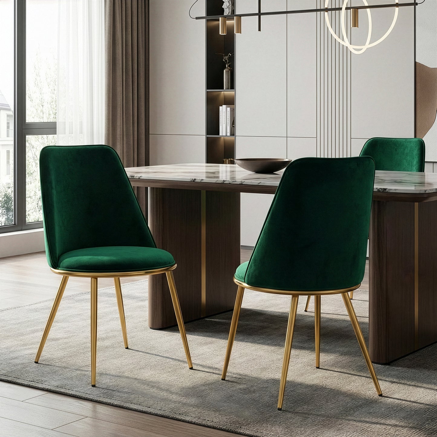 Set of 2 Anzu Green Velvet Dining Chair with Golden Metal Legs