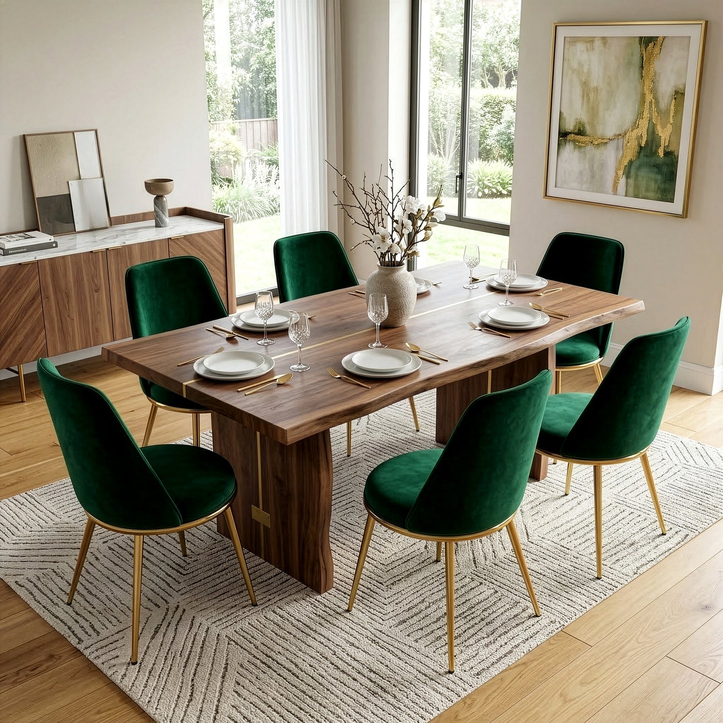 Set of 2 Anzu Green Velvet Dining Chair with Golden Metal Legs