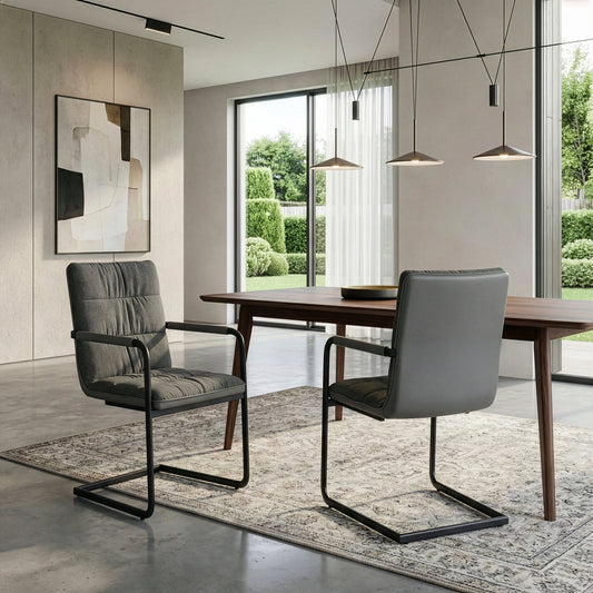 Set of 2 Araya Grey Modern Fabric Arm Chair with Black Metal Legs