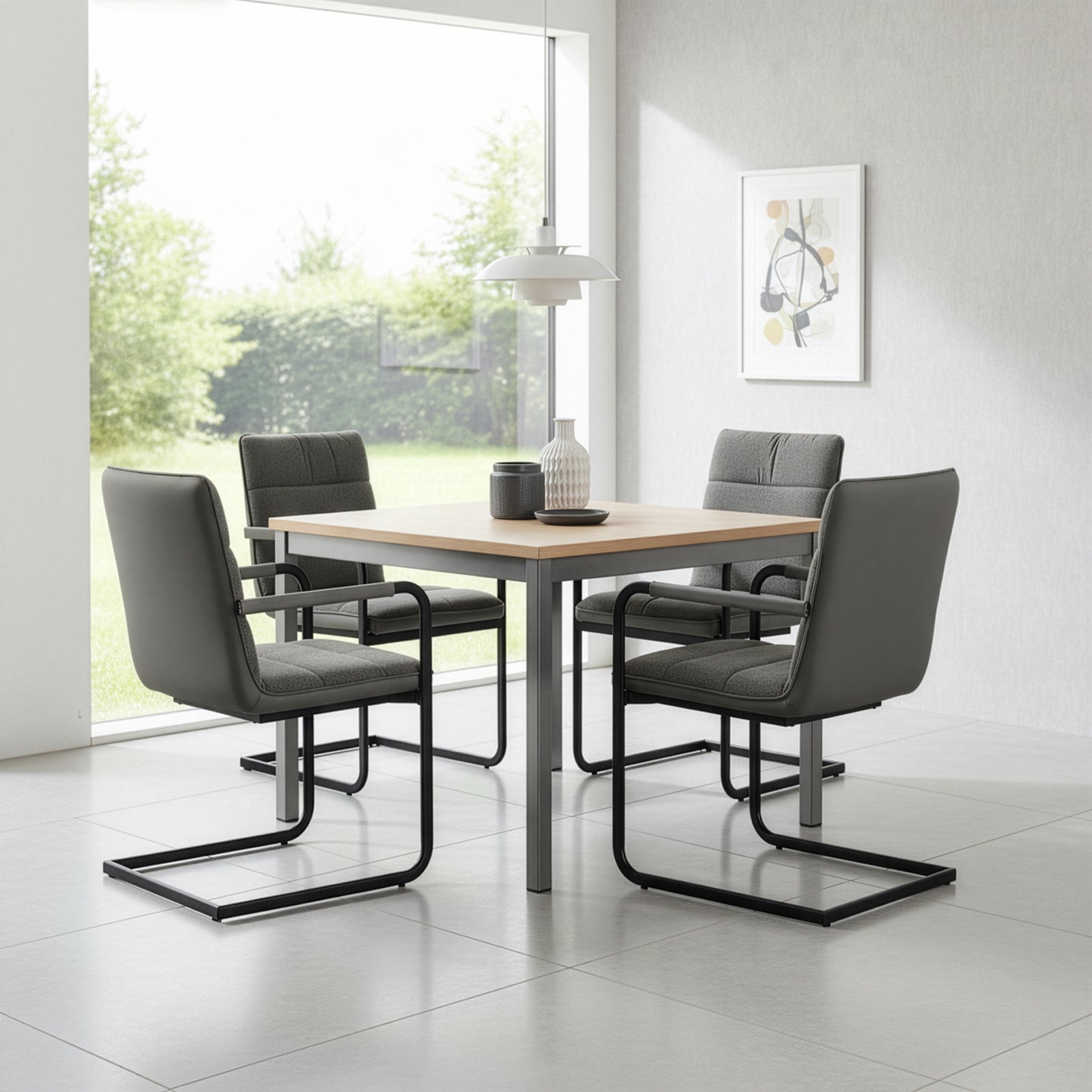 Set of 2 Araya Grey Modern Fabric Arm Chair with Black Metal Legs
