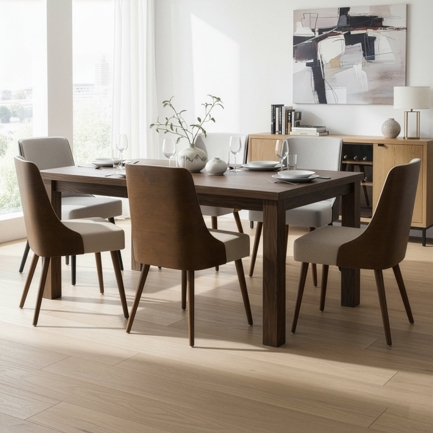 Set of 2 Esmy Beige Fabric Chair with Dark Brown Bentwood Back and Solid Wood Legs