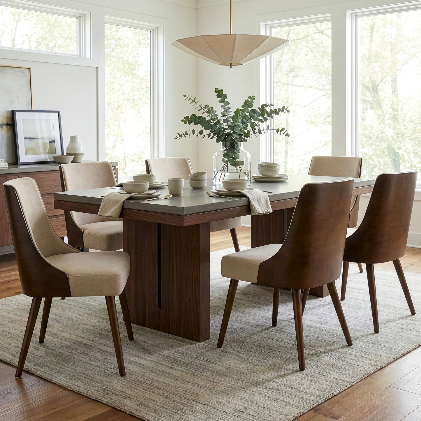 Set of 2 Esmy Beige Fabric Chair with Dark Brown Bentwood Back and Solid Wood Legs