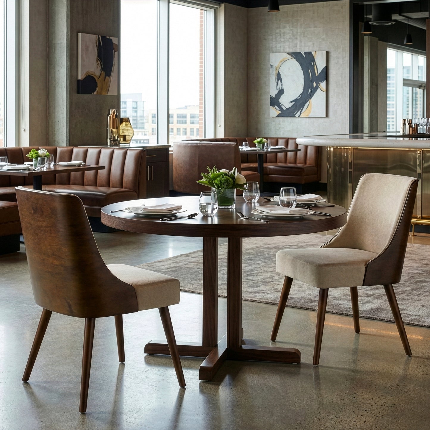 Set of 2 Esmy Beige Fabric Chair with Dark Brown Bentwood Back and Solid Wood Legs