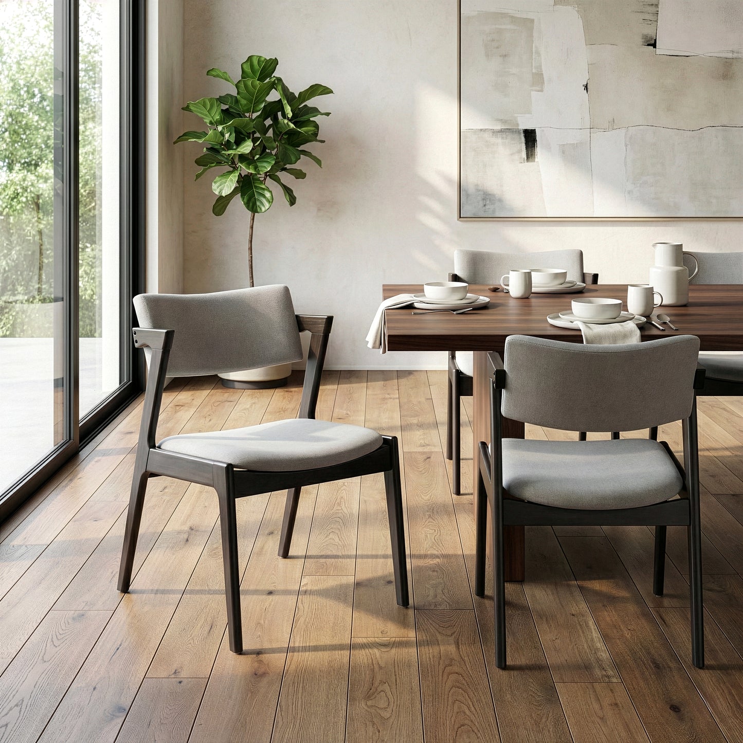 Set of 2 Auden Retro Modern Black Wood Wing Chair with Light Grey Fabric Seat