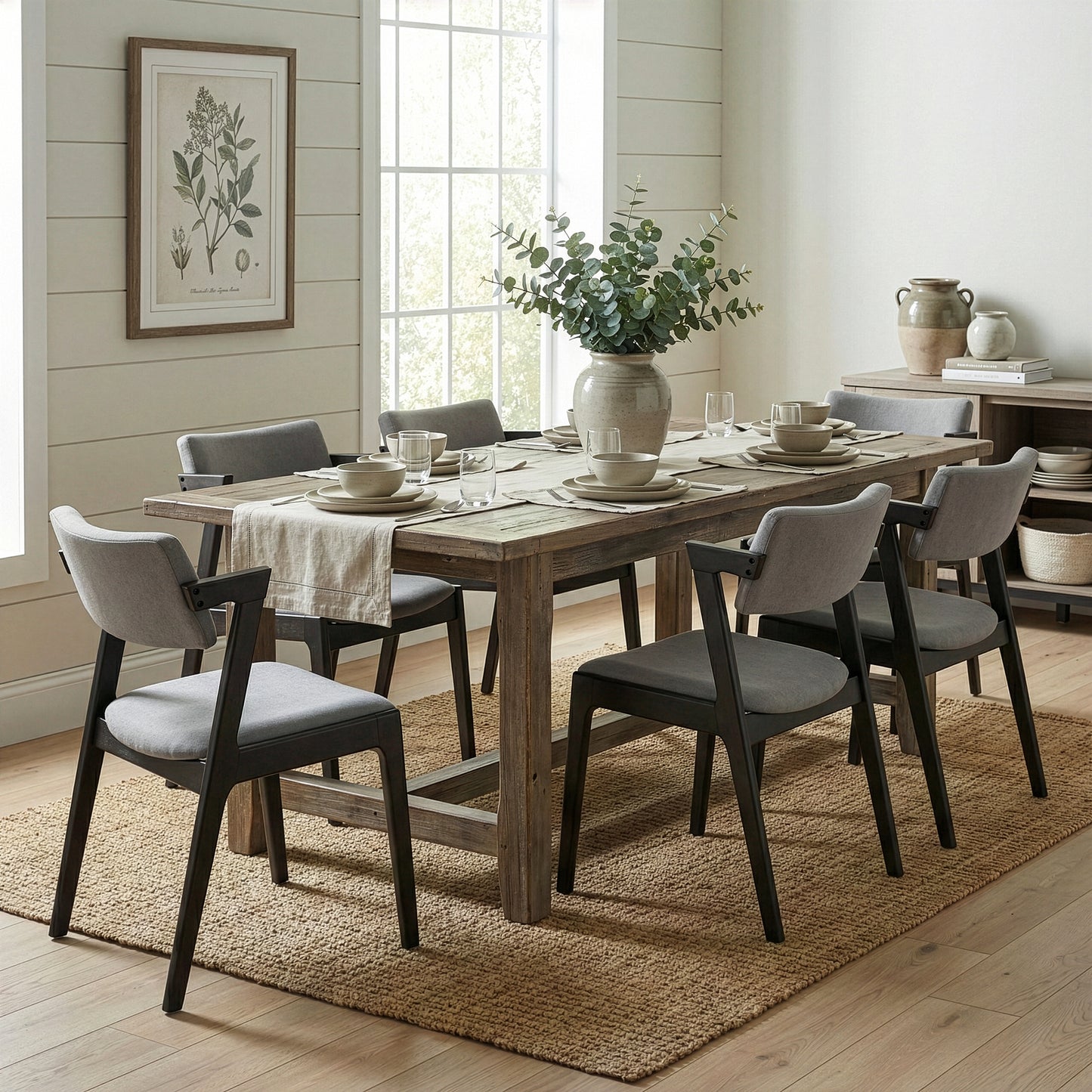 Set of 2 Auden Retro Modern Black Wood Wing Chair with Light Grey Fabric Seat