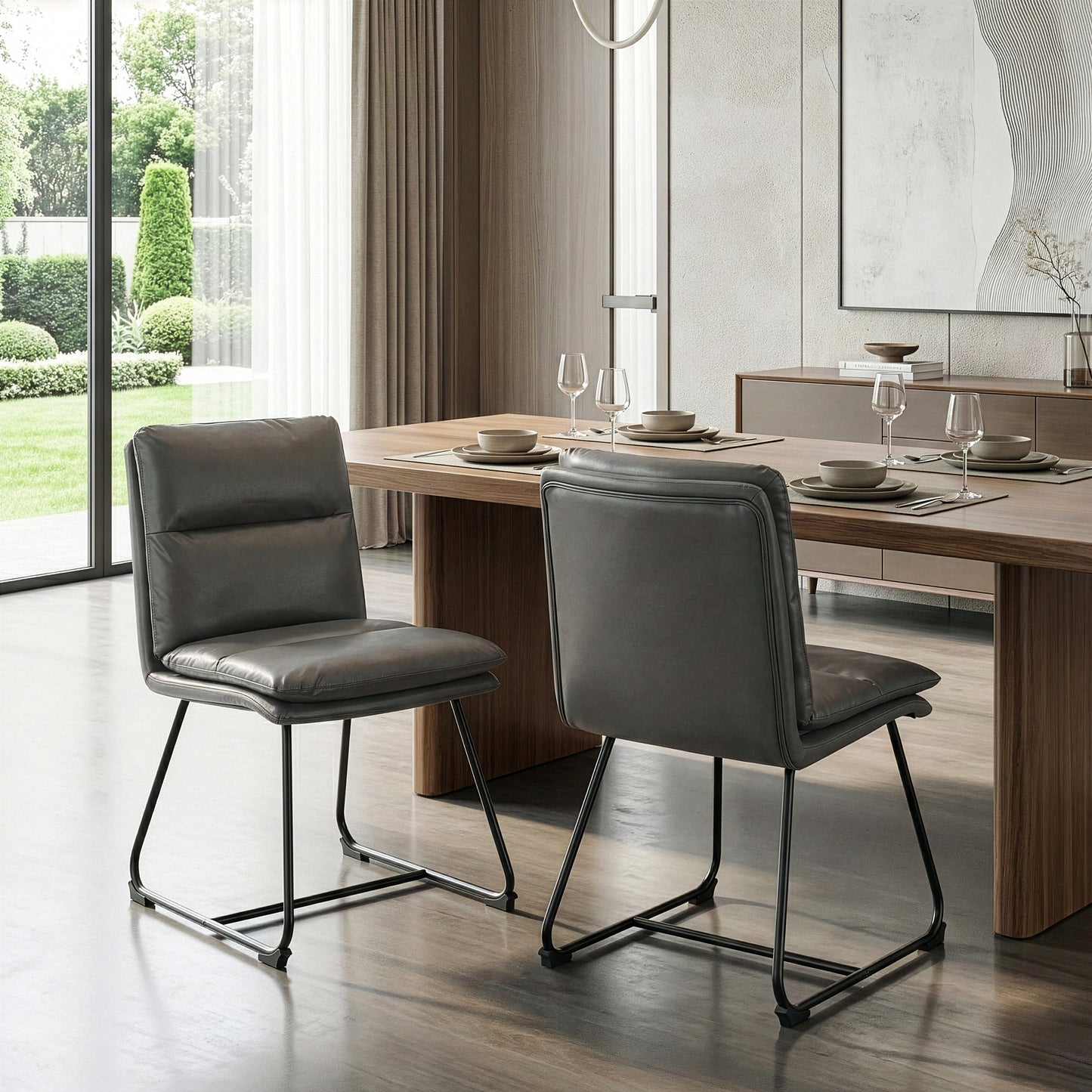 Set of 2 Aulani Grey Upholstered Metal Frame Dining Chair with Puffy Cushions
