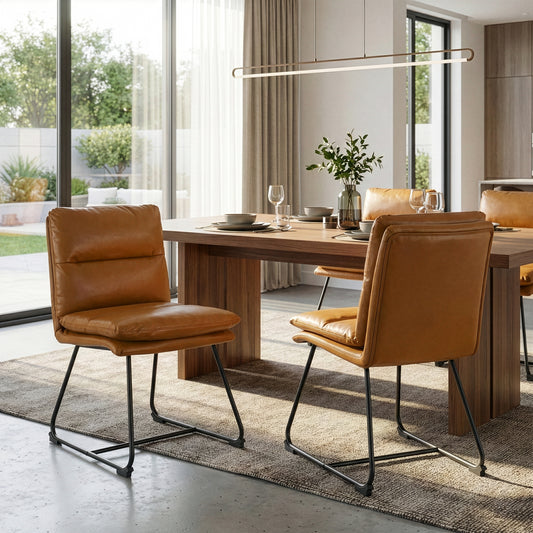 Set of 2 Aulani Light Brown Upholstered Metal Frame Dining Chair with Puffy Cushions