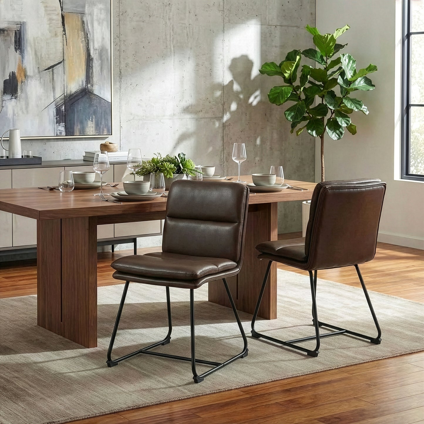 Set of 2 Aulani Brown Upholstered Metal Frame Dining Chair with Puffy Cushions
