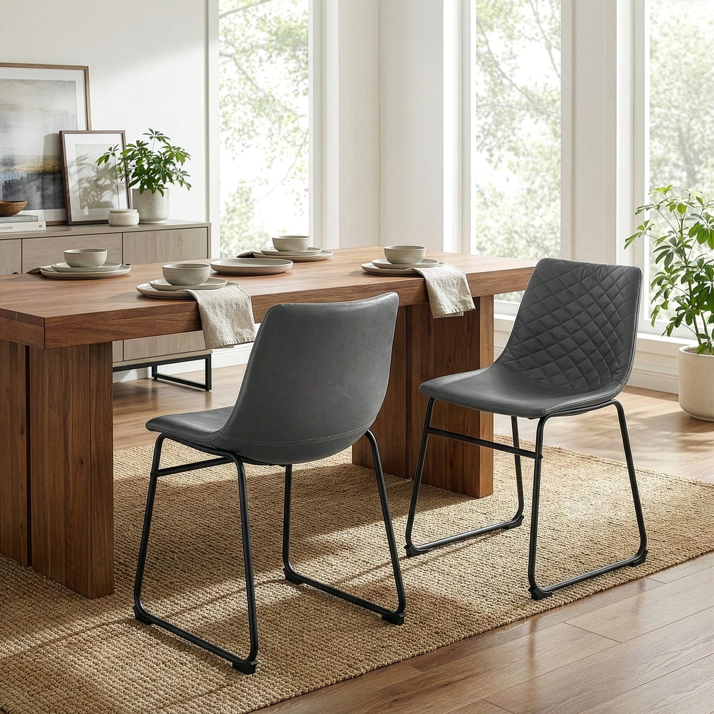 Set of 2 Ave Iron Frame Gray Faux Leather Dining Chair with Stitching